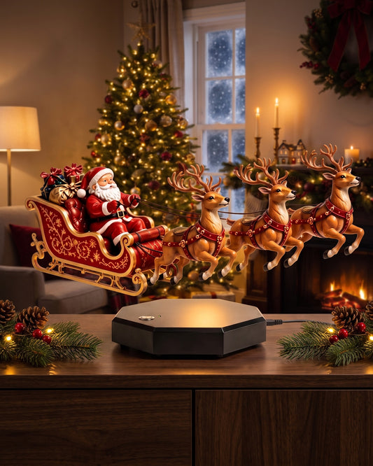 Santa's red-and-gold sleigh and three harnessed reindeer hovering in mid-air above a softly glowing black base
