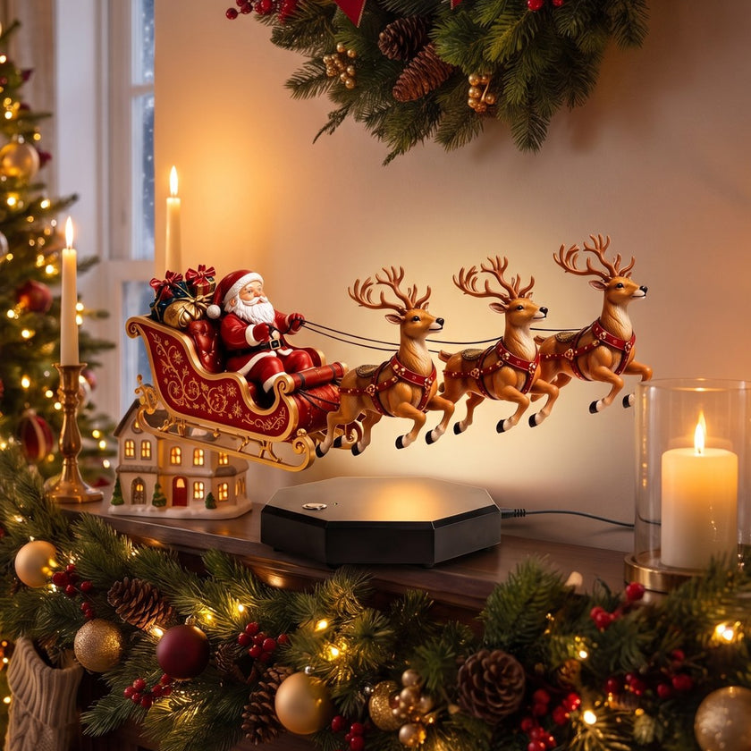 Hand-painted Santa sleigh with three reindeer floating above a glowing black base on a Christmas mantel
